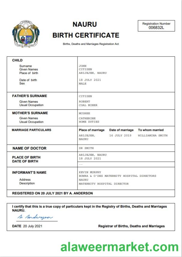 Nauru vital record birth certificate Word and PDF template